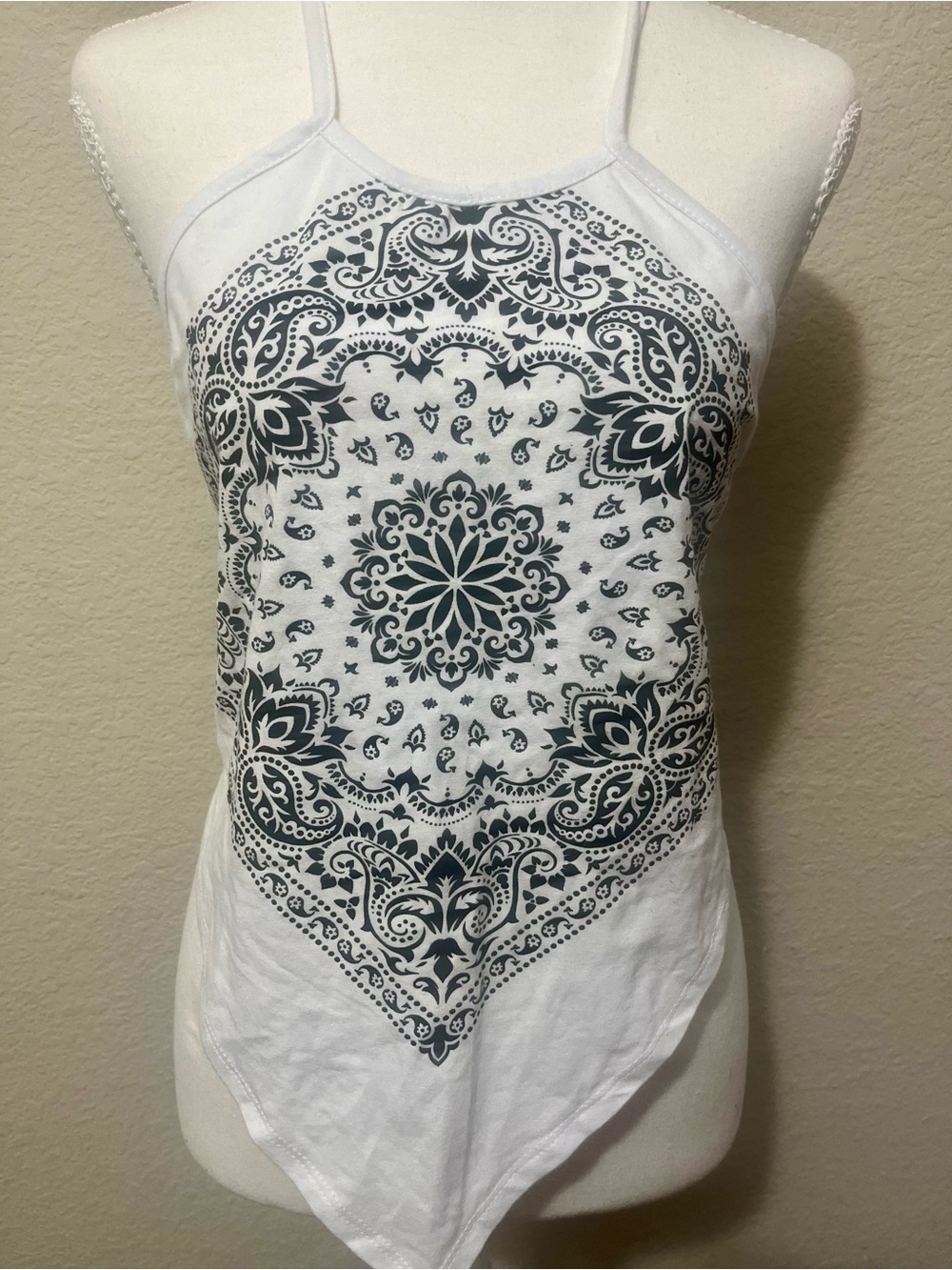 Love Vintage White Bandana Print Handkerchief Hem Halter Tank Top